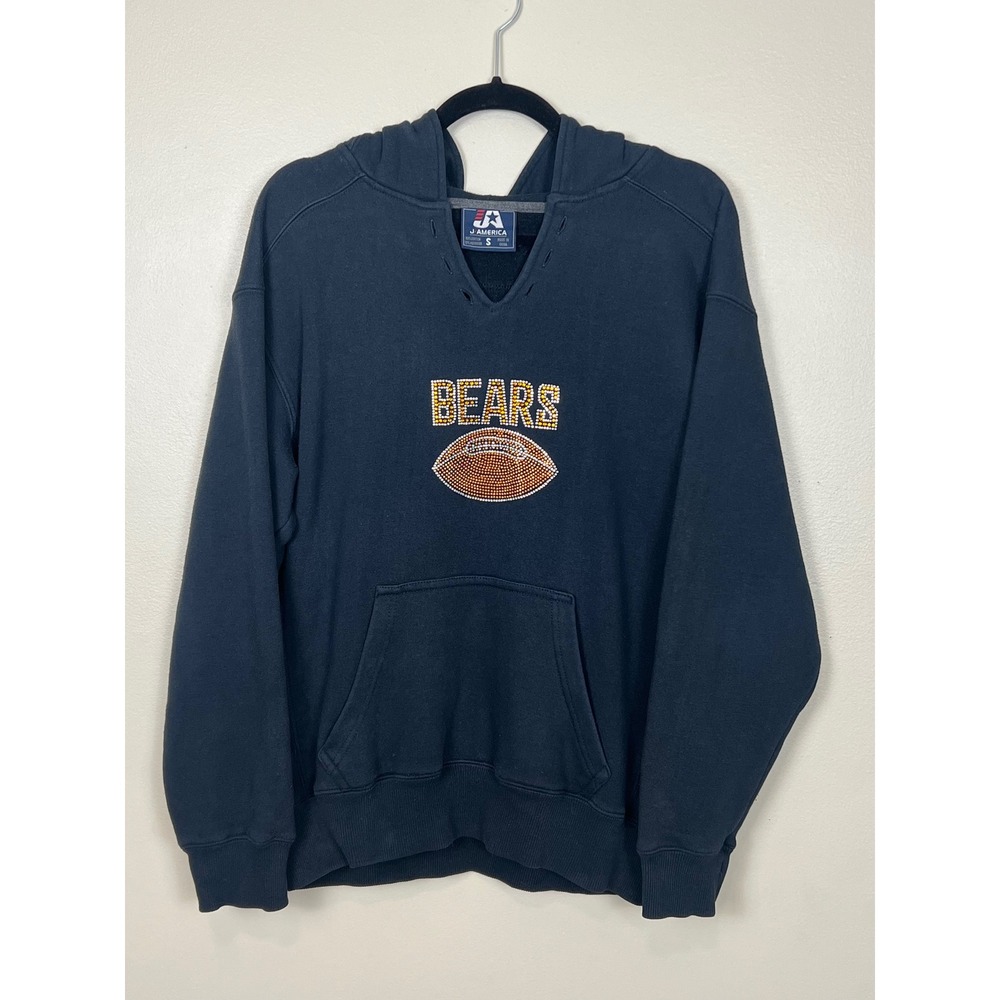 J America Bears Football Rhinestone Hoodie Navy Blue Fleece Sweatshirt Small